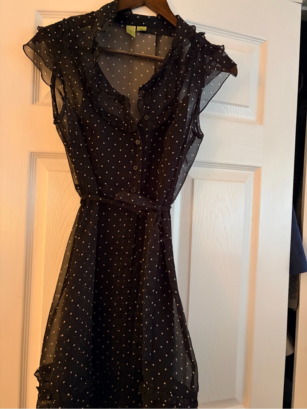 Polka Dot Sheer Midi Dress with Self-Tie Waist in Black